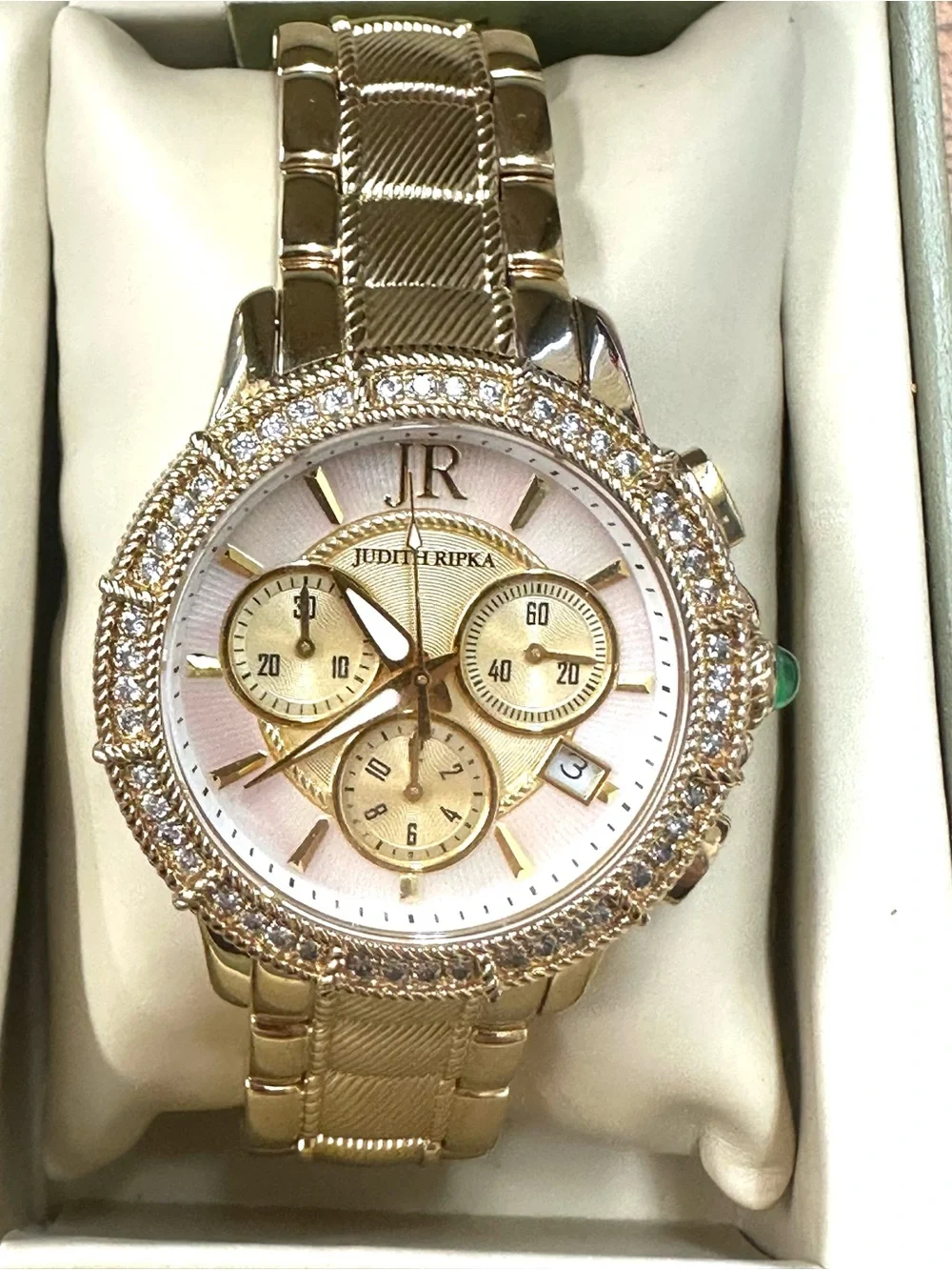 Like New Judith Ripka Diamonique Gold Tone Women's Chronograph Watch in Box